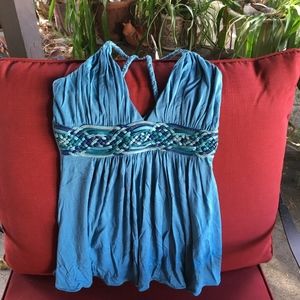 Blue Racerback Top w/ Leather Detail and Braiding